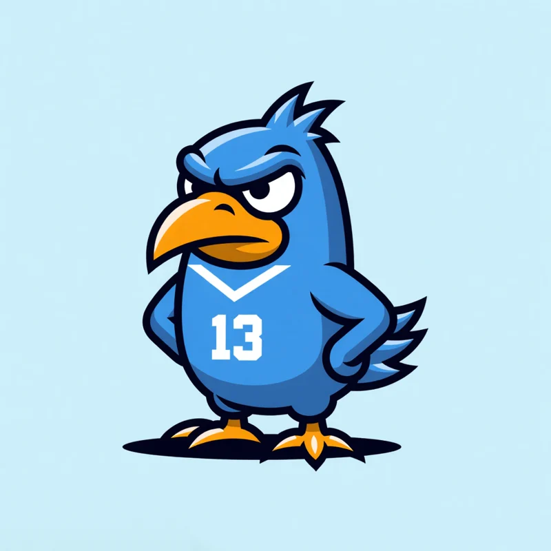 Mascot logo: A grumpy bird mascot in oversized basketball attire, looking to the side with a frustrated expression
