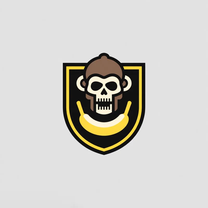 Badge/Crest logo: showing a cheeky monkey skull with crossed bananas, a dynamic take on the classic skull and crossbones