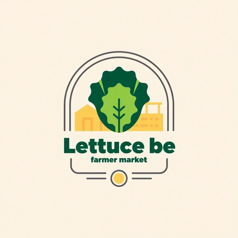 Badge/Crest logo with the tagline “farmer's market” under the name: showing a lettuce head with market stands in the background, on a badge