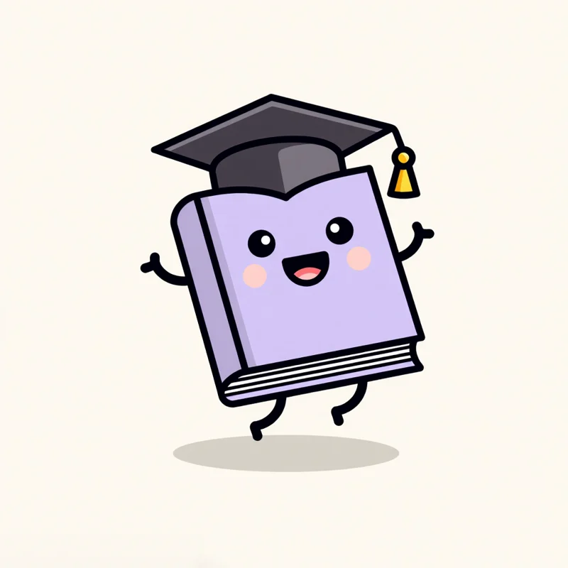 Cartoon logo: A smiling book wearing a graduation cap