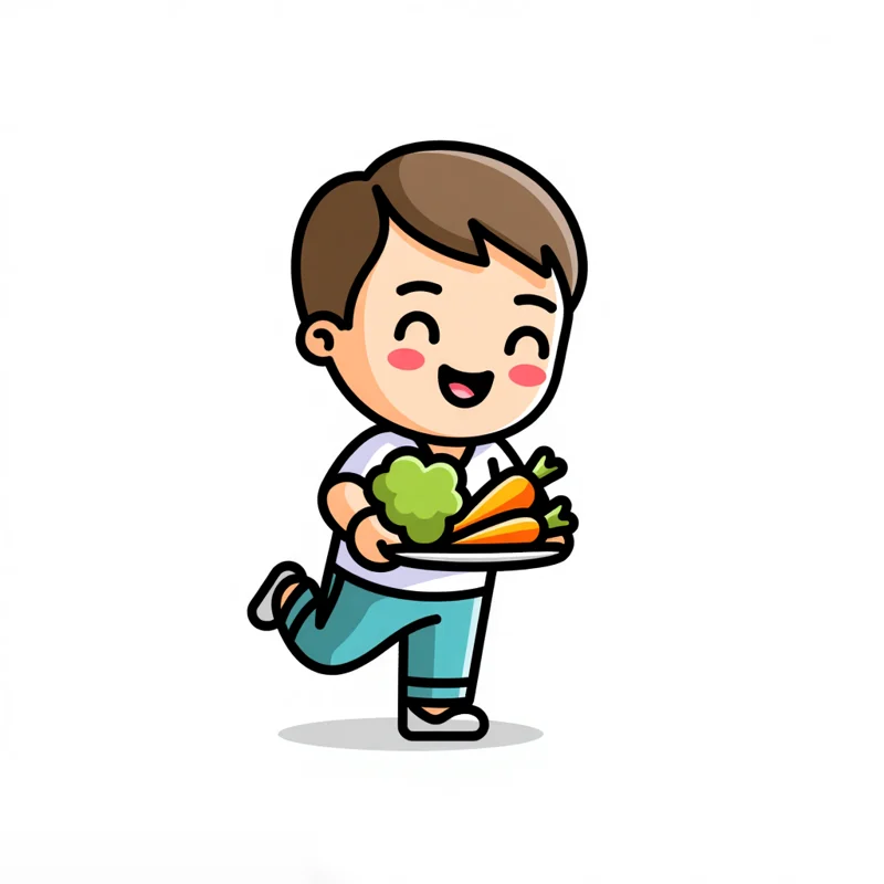 Full body: a Cartoon logo of a smiling boy running with a plate of vegetables