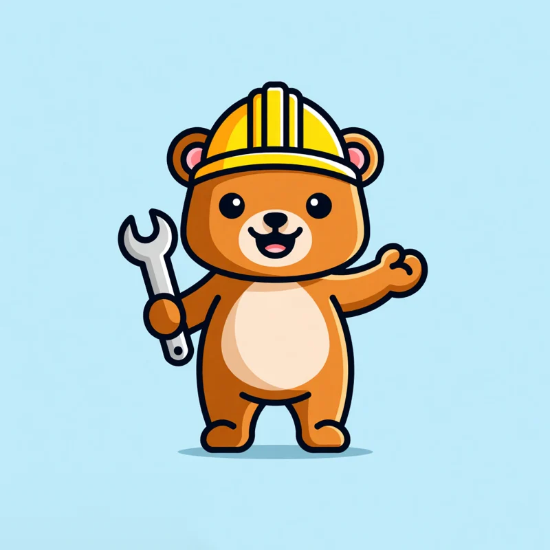 Cartoon logo: A cheerful teddy bear wearing a tiny construction helmet, holding a wrench