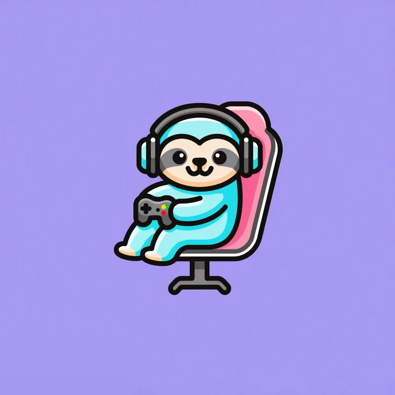 Cartoon logo: Gaming sloth wearing headphones, pro gamer pose with controller, in esports chair