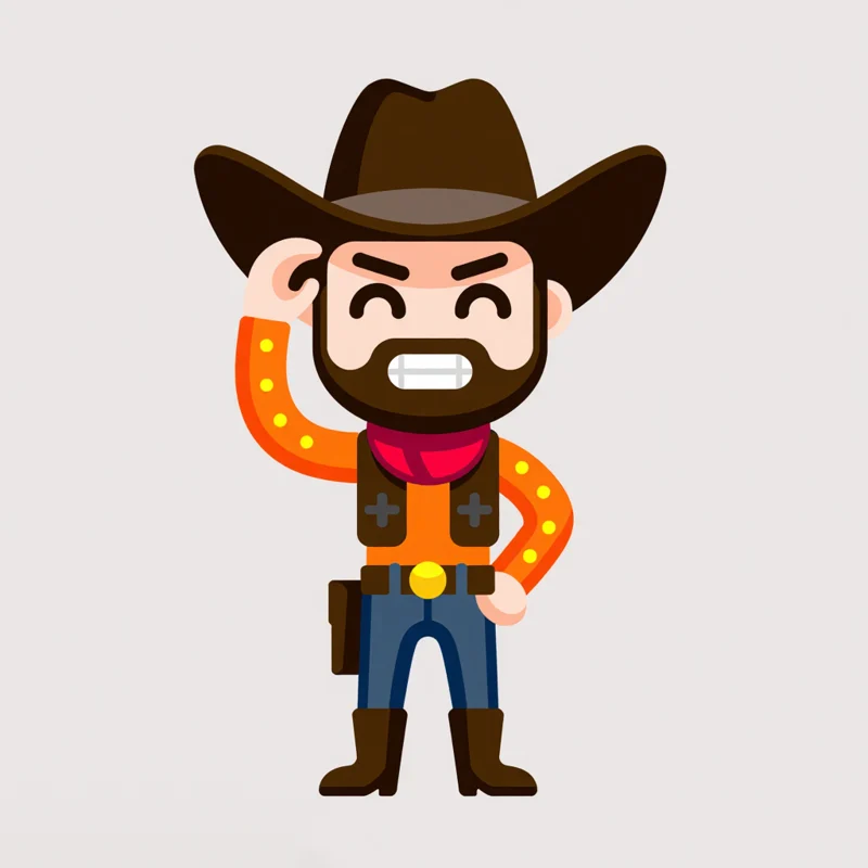 Thin outline: a Cartoon logo of a grinning cowboy tipping his hat