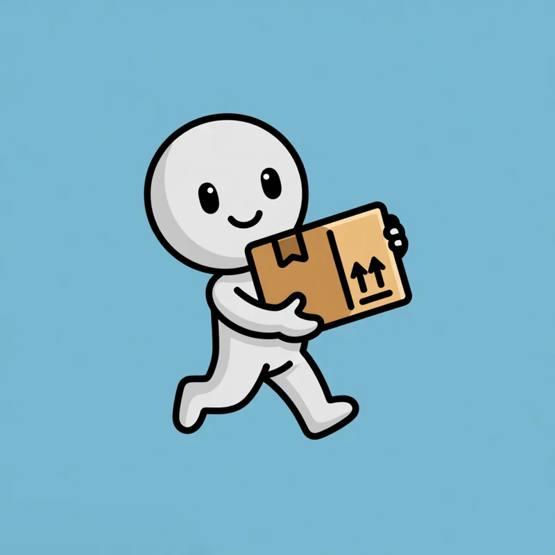 Cartoon logo: a smiling figure carrying a parcel