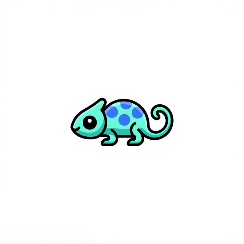 Cartoon logo: a blue and green chameleon with a curled tail