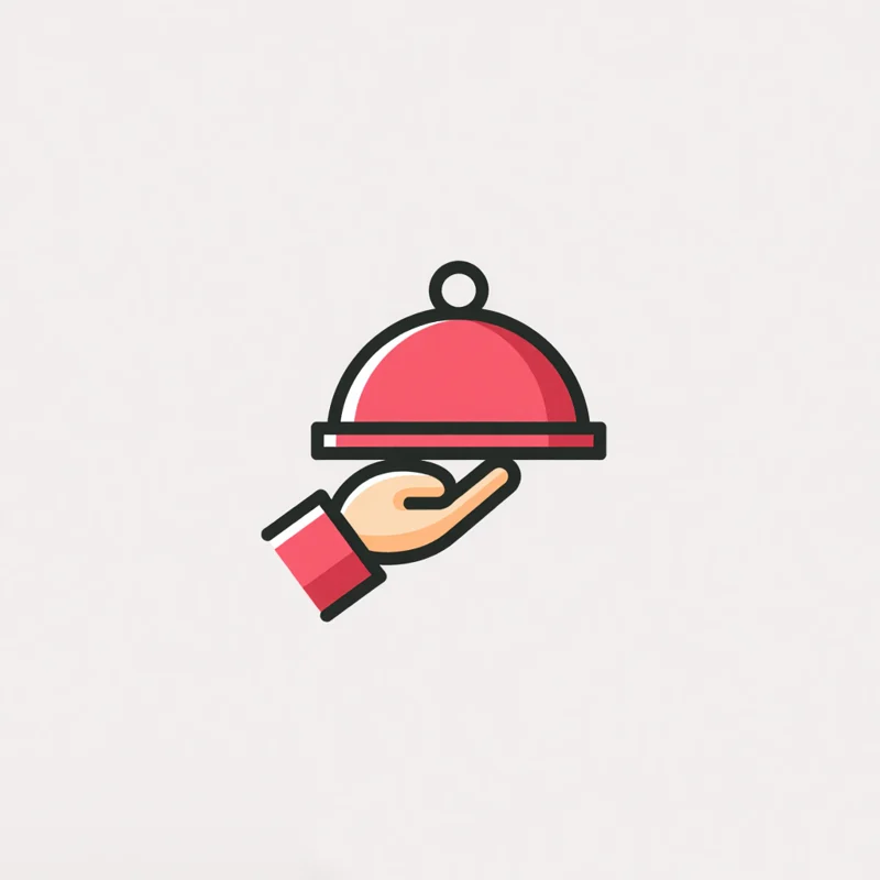Cartoon logo: a hand holding a red serving cloche