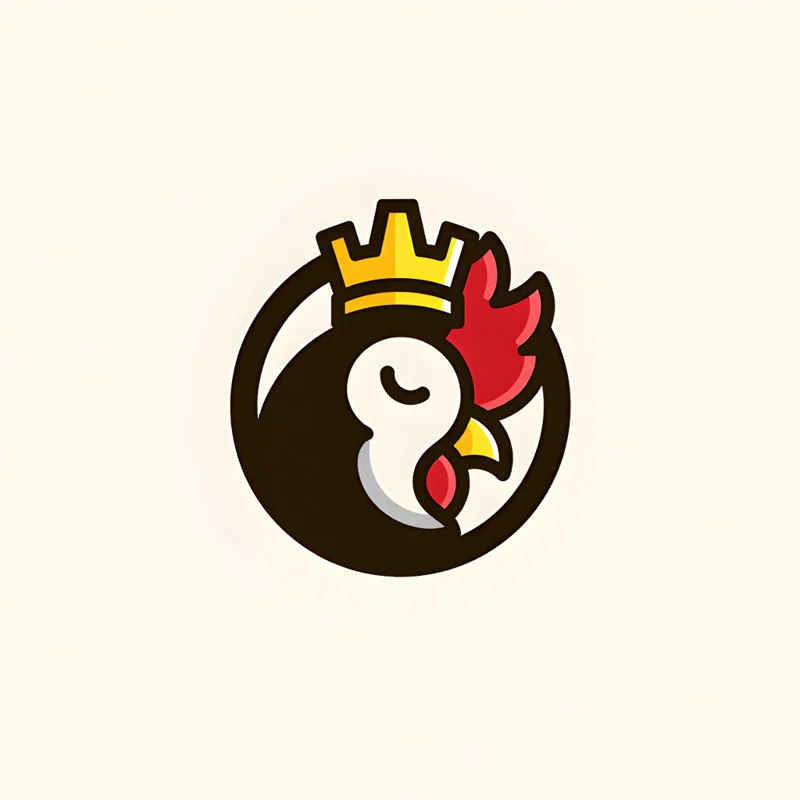 Cartoon logo: a rooster head in a chess king's crown