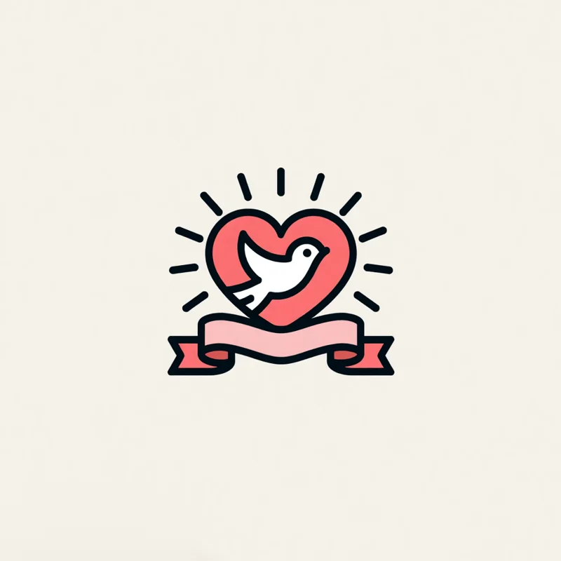 Cartoon logo: a heart with a dove and a ribbon