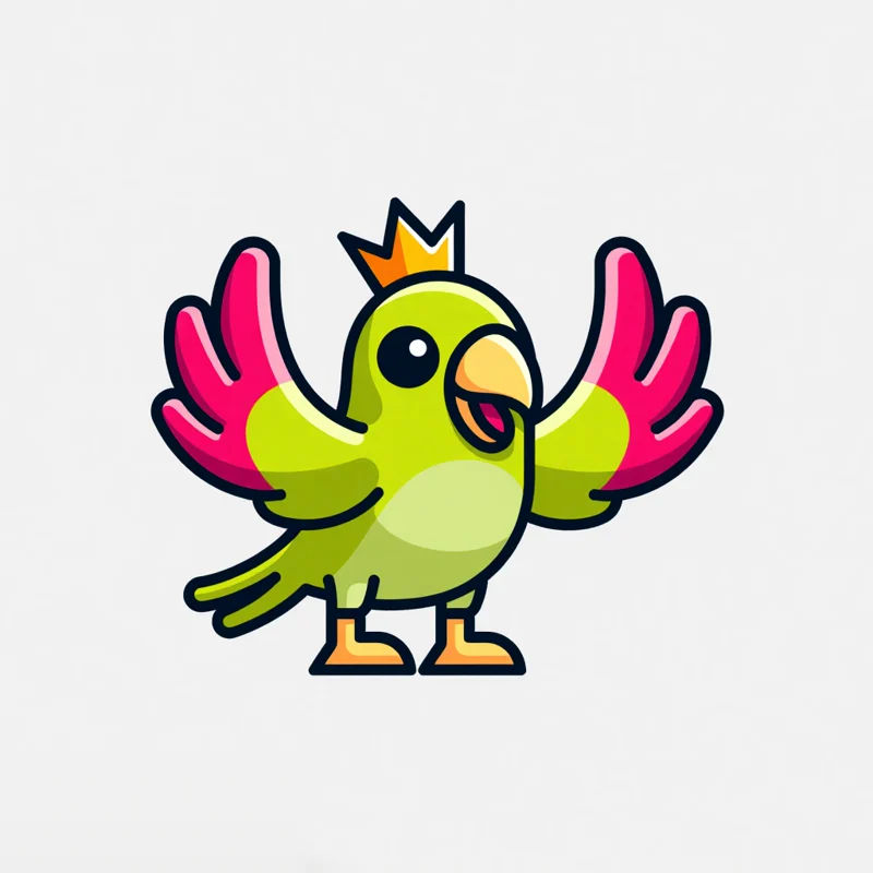 Cartoon logo: a green parrot in a gold crown with pink wings