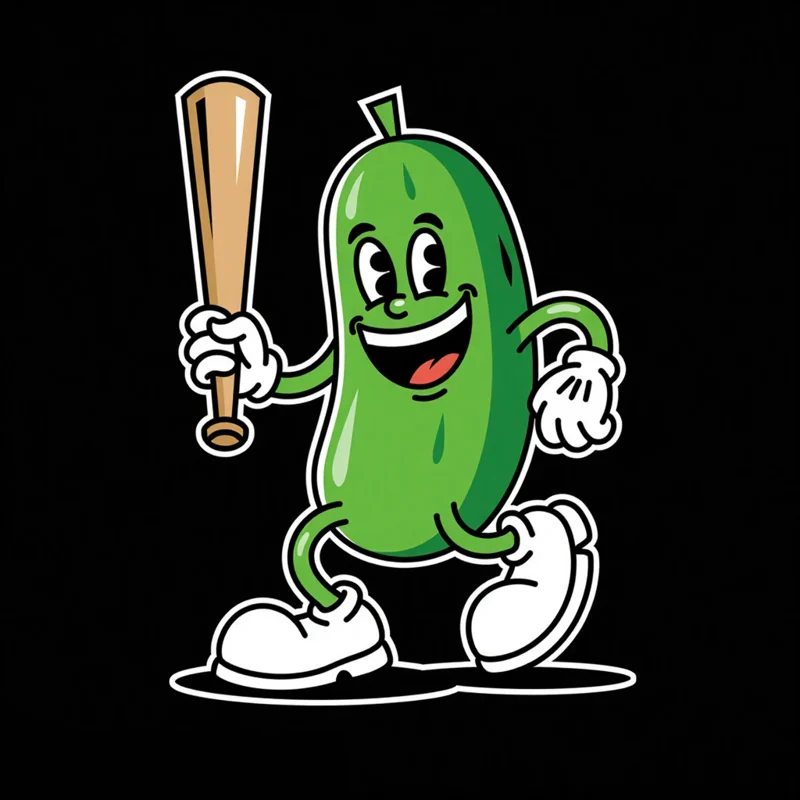 Retro Mascot logo: Grinning pickle mascot with gloves, swinging a wooden baseball bat