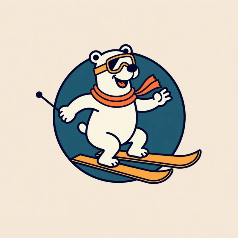 Retro Mascot logo: Polar bear mascot skiing downhill, goggles, and scarf