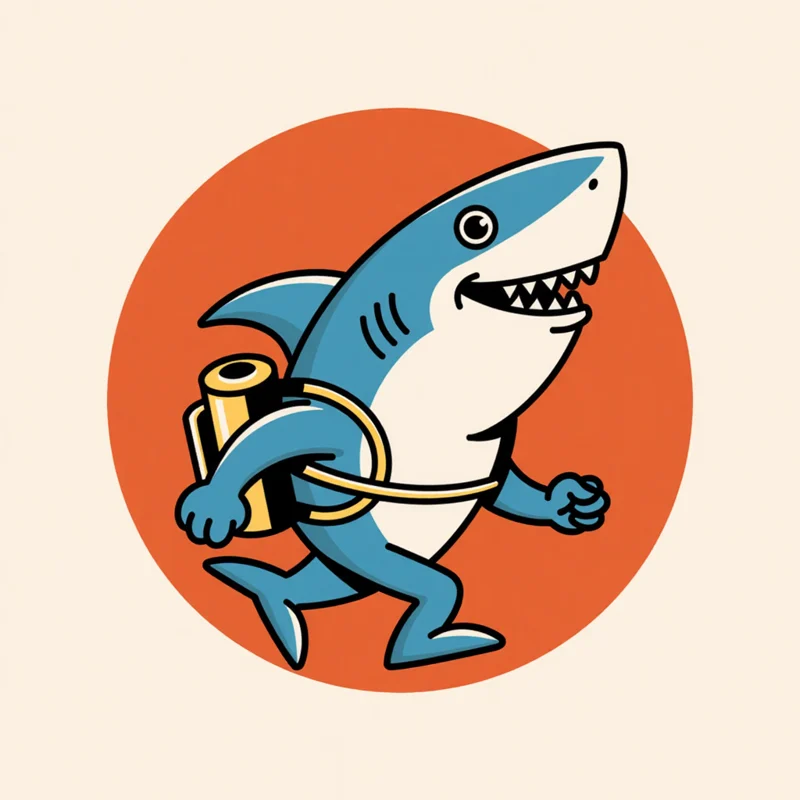 Retro Mascot logo: Retro shark mascot with a smirking expression wearing a jetpack, in a dynamic pose