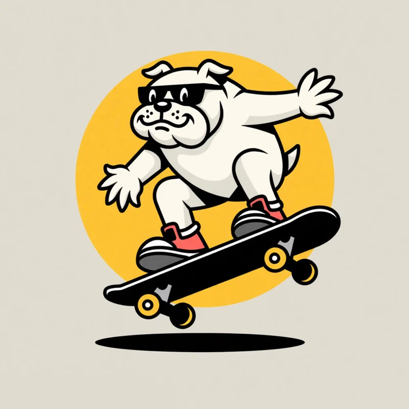Retro Mascot logo: Cool skateboarding bulldog mascot doing a kickflip, wearing sunglasses and sneakers