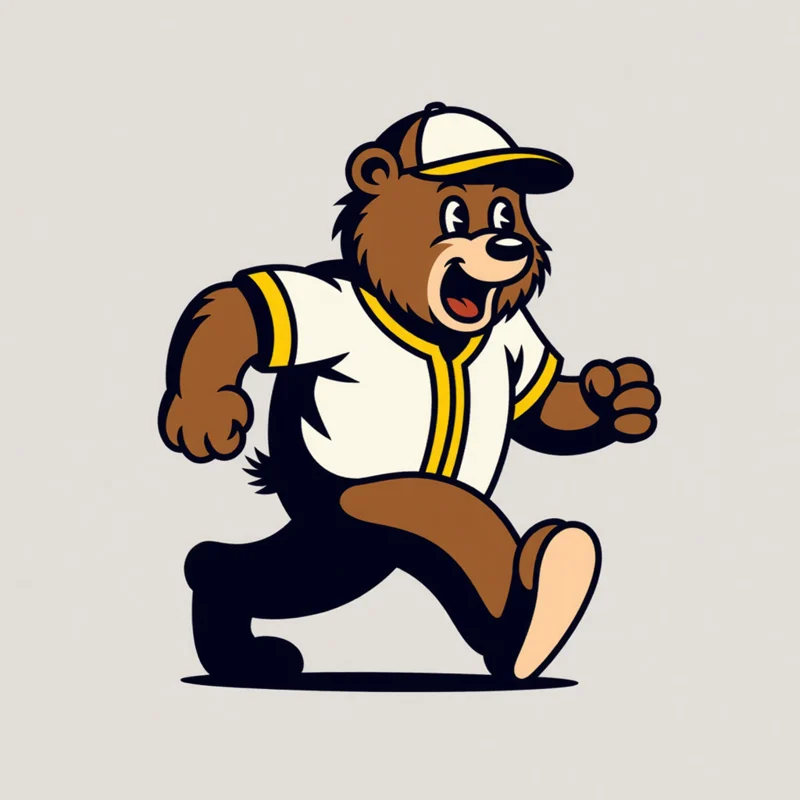 Rugged and Dynamic Retro Mascot logo: Walking brown bear mascot wearing a baseball cap and sports jersey, roaring, open mouth, inspired by vintage sports team logos