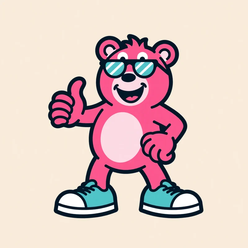 Youthful and Playful Retro Mascot logo: Smiling pink bear mascot with sunglasses and a thumbs up, wearing sneakers
