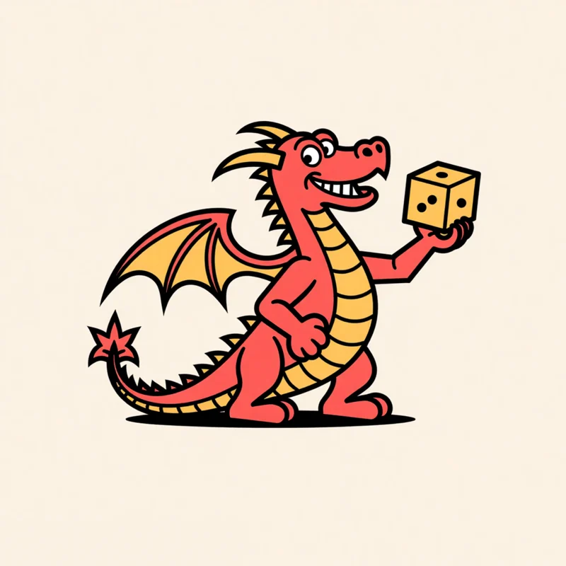 Thin Retro Mascot logo: Dragon mascot, menacing grin, holding D20 dice