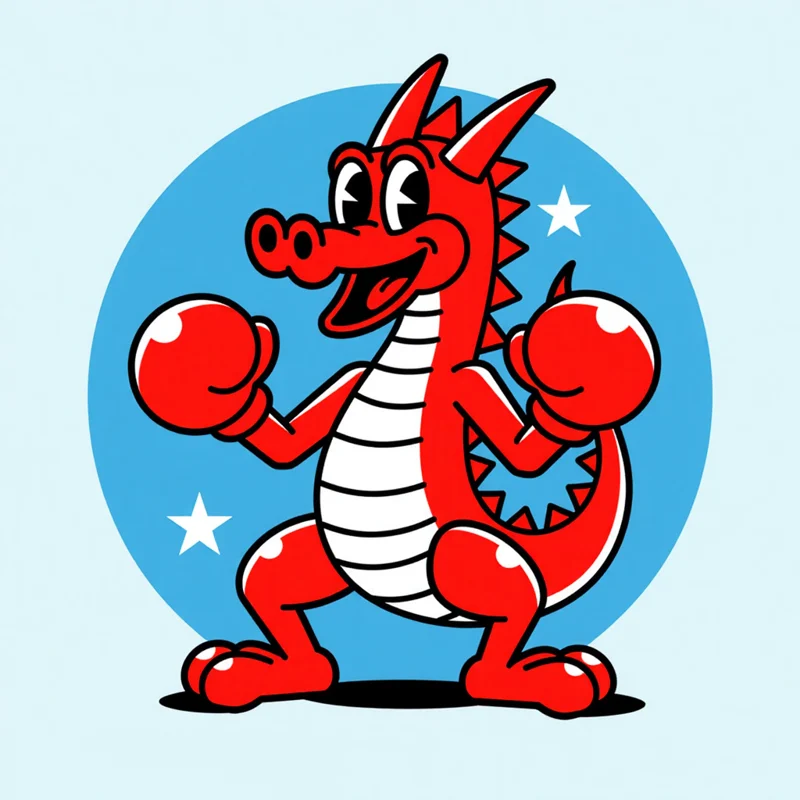 Thick Retro Mascot logo: Retro fire-breathing dragon mascot, powerful stance, open mouth, wearing boxing gloves
