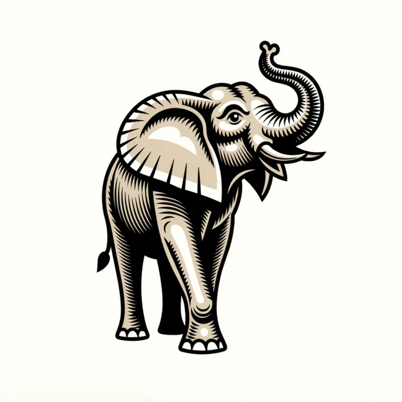 Engraved logo: An elephant with detailed wrinkles and large, symmetrical ears, trunk raised in a welcoming gesture, rendered in line engraving