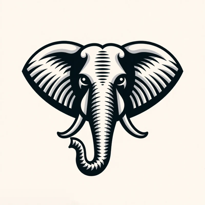 Thick Engraved logo: A majestic elephant head, featuring large, symmetrical ears and a prominent trunk, designed with intricate details