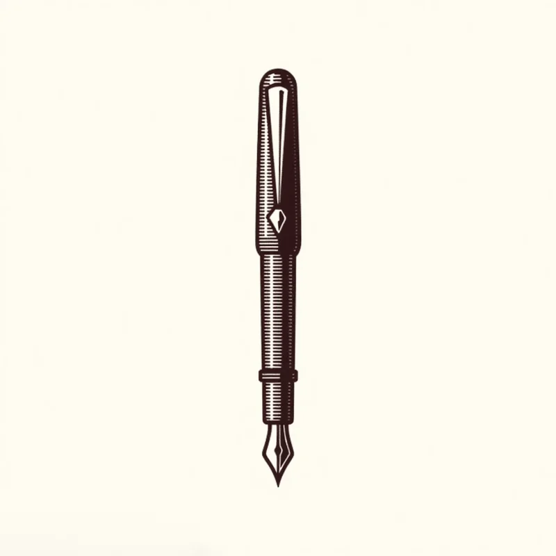 Engraved logo: A vintage ink pen, detailed nib, classic barrel design, and elegant clip, conveying a sense of history and craftsmanship