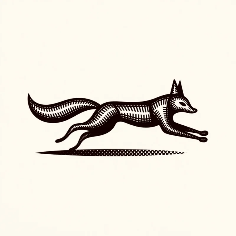Engraved logo: A fox mid-run, a bushy tail extended horizontally, conveying speed and agility