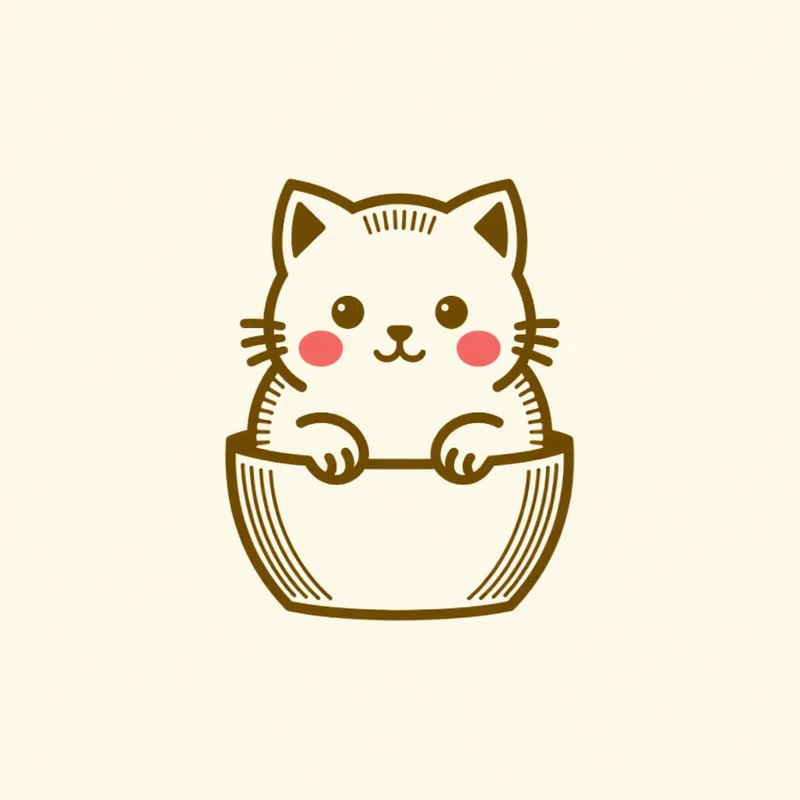 Minimalist Engraved logo: A plump kitten shaped like a soft pudding cup, sitting symmetrically with carved line accents detailing its form