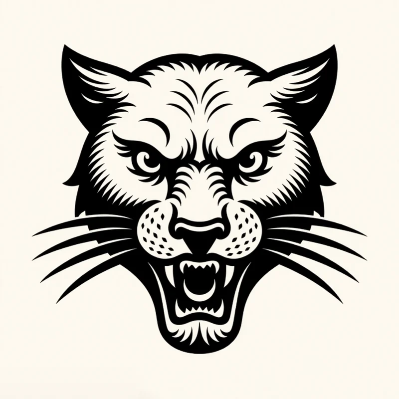 Detailed Engraved logo: Fierce cat head, symmetrical, forward-facing, detailed whiskers, sharp features, and intense gaze, exuding power