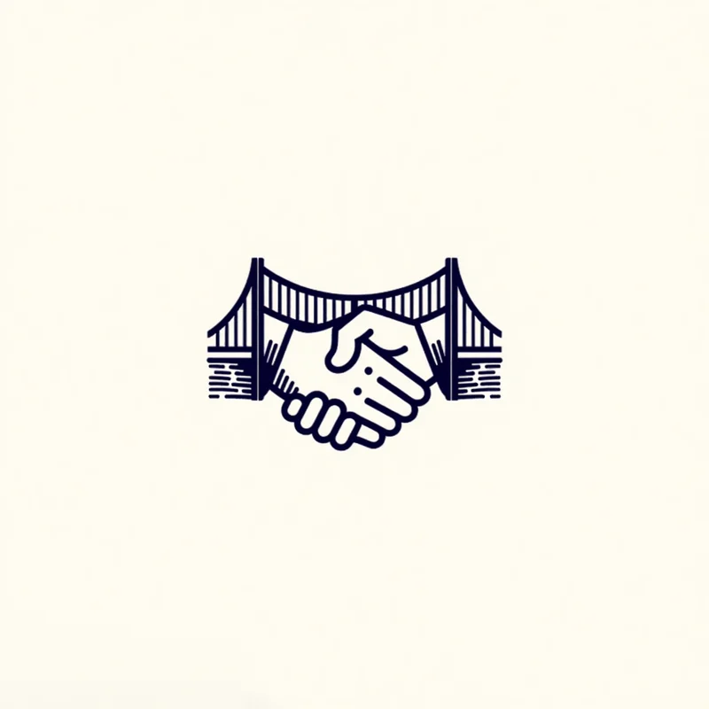 Engraved logo: Two hands shaking, overlaid on a stylized bridge