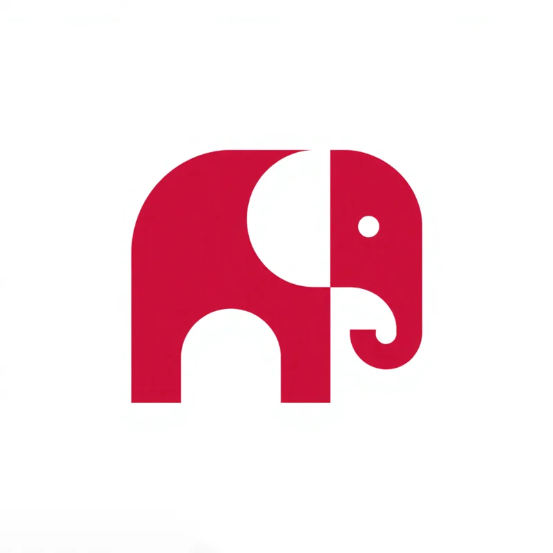 Abstract logo: Curved shapes converge, forming an abstract elephant