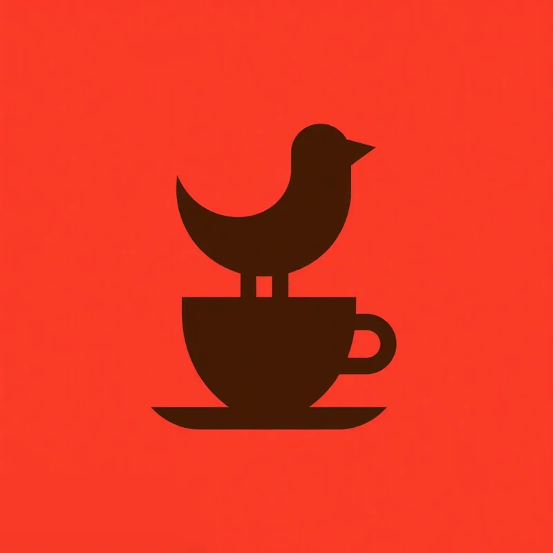 Abstract logo: Stylized bird figure, perched atop a coffee cup silhouette, creating fluid lines