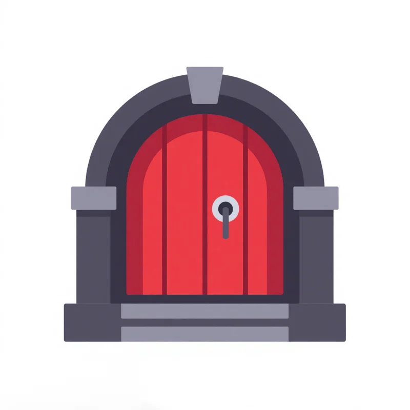 Front view: an icon logo of an arched red door
