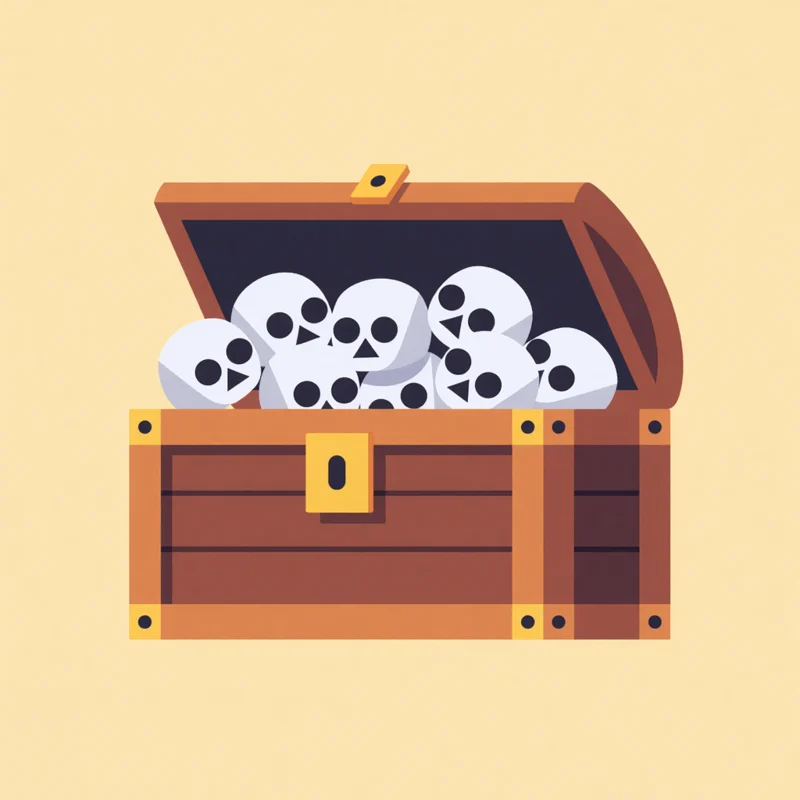 Three-quarter view: an icon logo of a treasure chest full of skulls