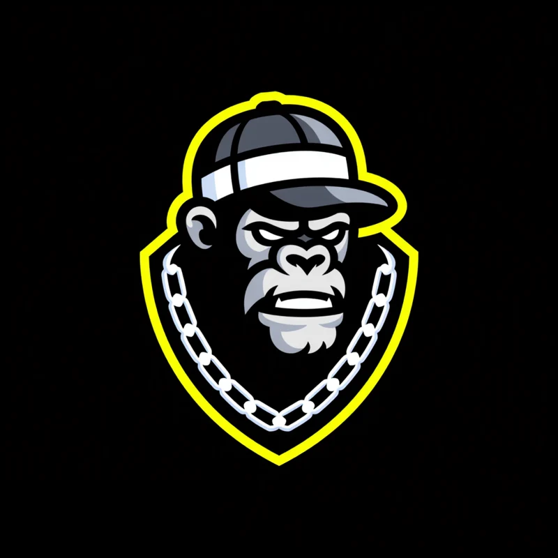 Mascot logo: Cool gorilla head wearing a backwards cap, thick silver chain, and silver grills, looking to the side