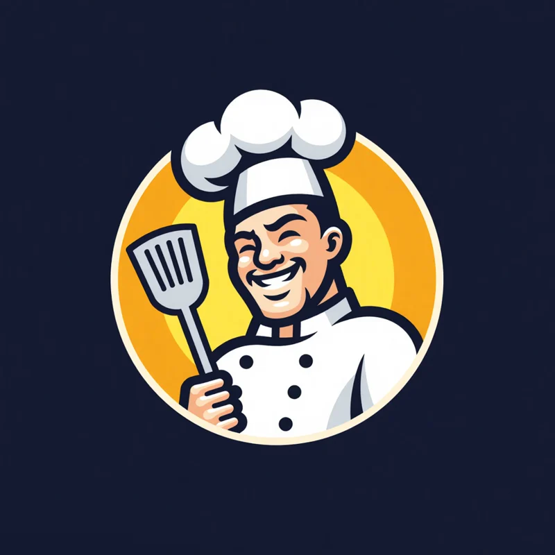 Mascot logo: A chef with a toque holding a spatula, looking forward with a cheerful expression, set against a circular frame