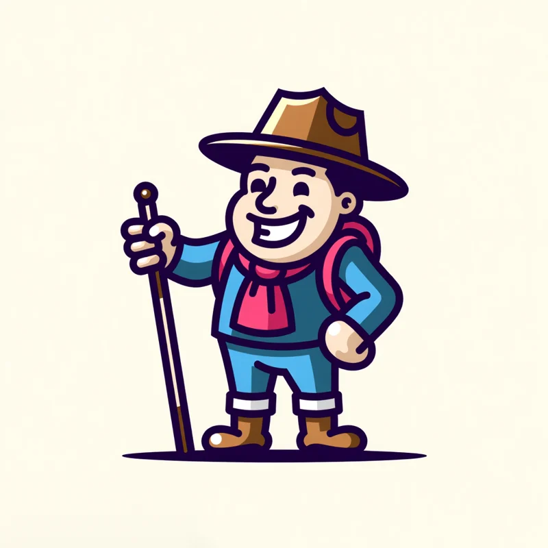 Full body Mascot logo: A cheerful alpine guide mascot wearing a traditional hat, holding a hiking stick and pointing towards the viewer, smiling