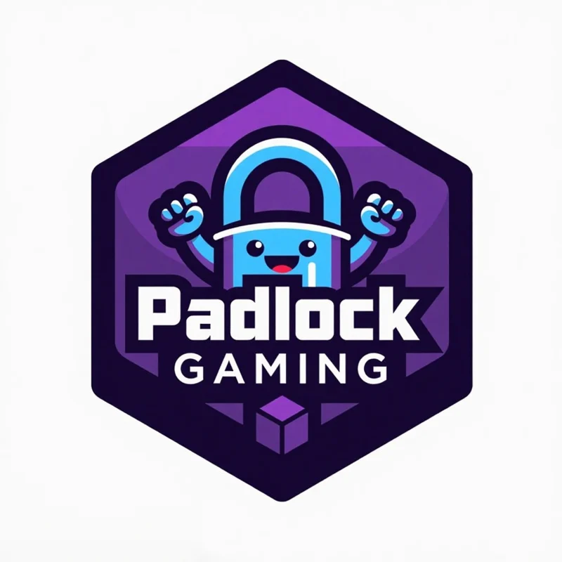 Hexagon Badge/Crest logo: Showing the padlock mascot character triumphantly leveling up