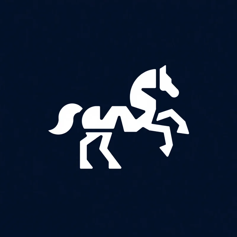 Abstract logo: Interlocking abstract geometric lines construct the profile of a majestic horse facing left with a sweeping tail