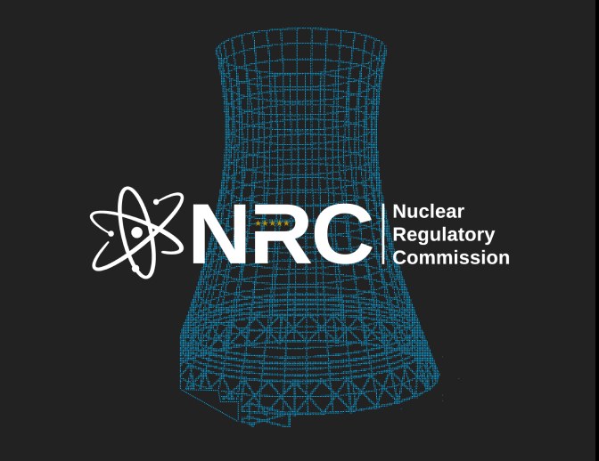 Nuclear Regulatory Commission logo over a cooling tower wireframe