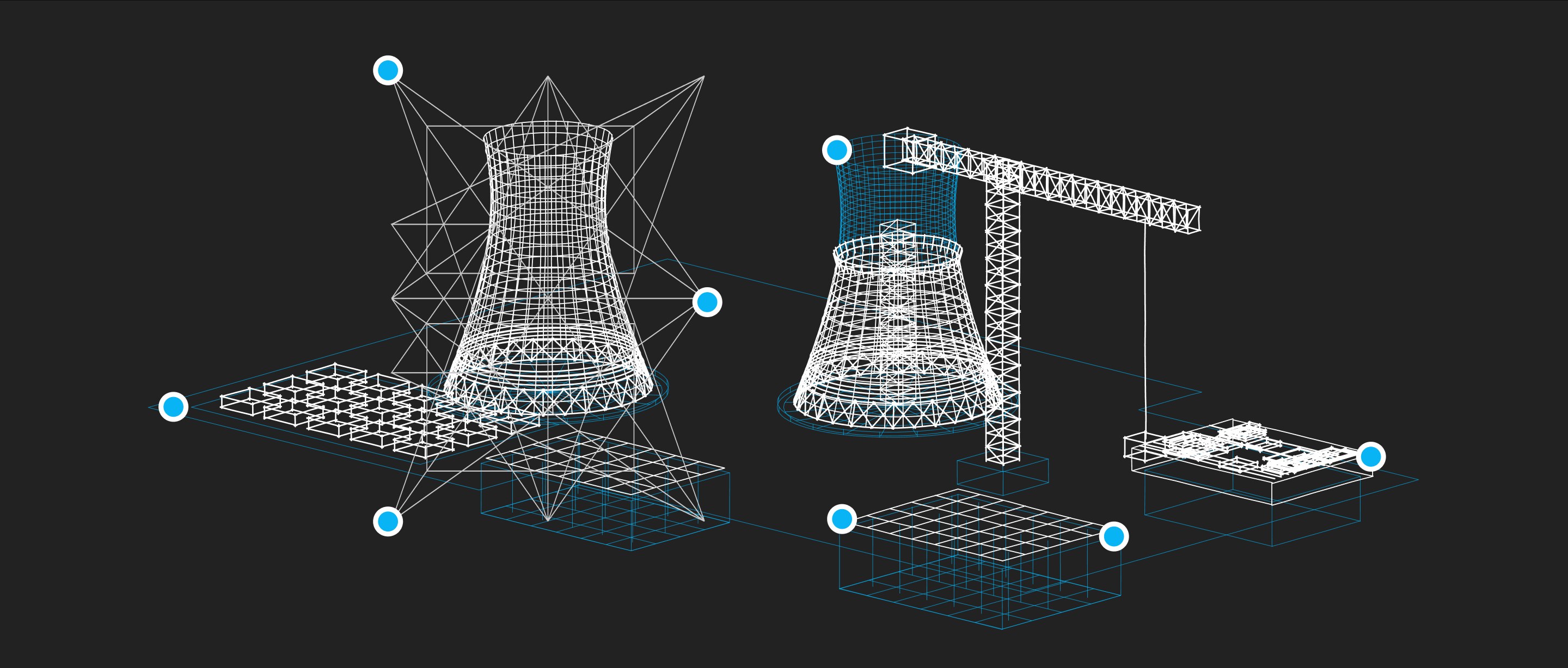 Wireframe nuclear plant with monitored security points