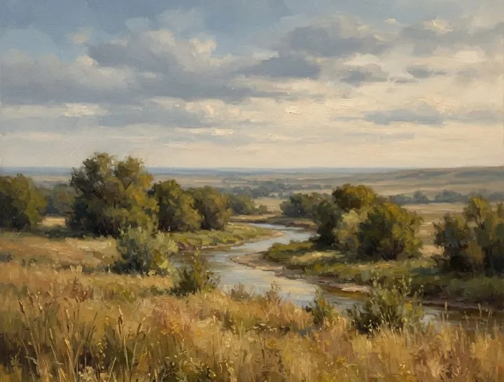 Painting of the Platte River Valley with a winding river and tall prairie grass