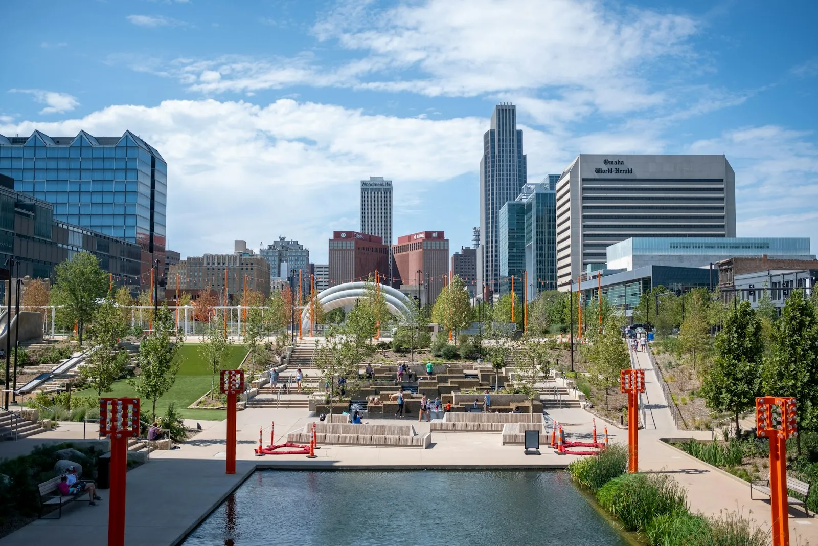 Gene Leahy Mall and downtown Omaha on a sunny day