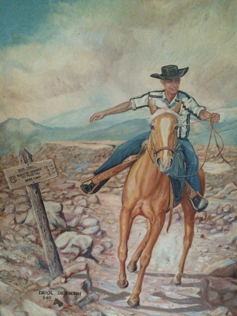 Painting of Robert Rapp Sr. riding his palomino mare, Alberta Minn