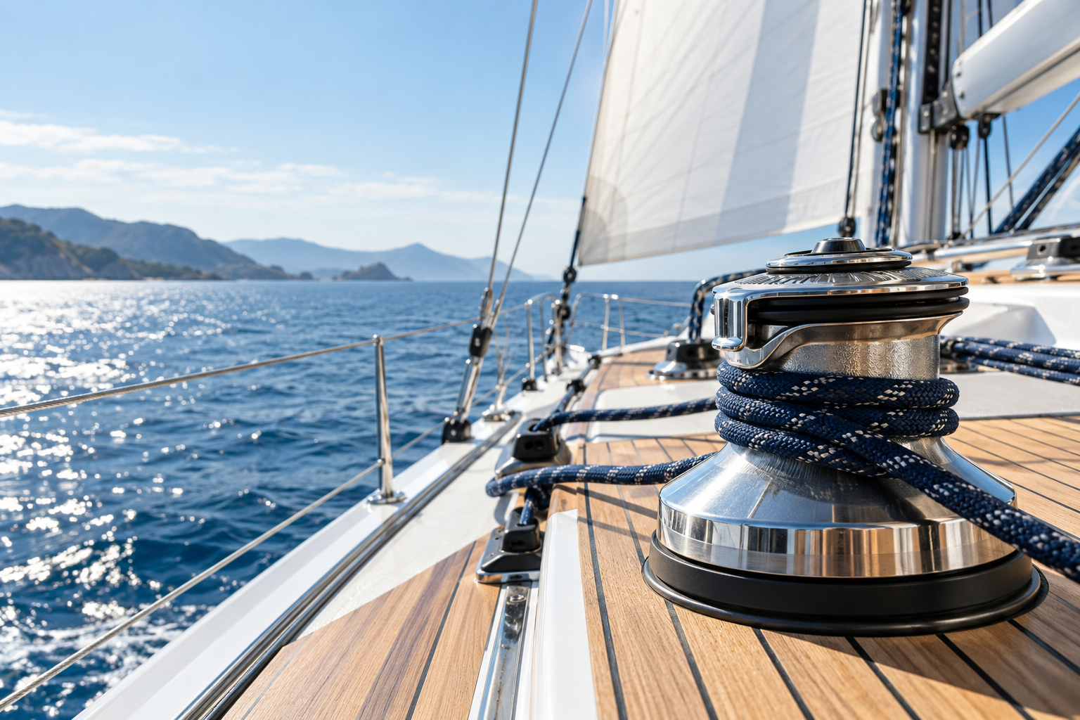 Winch, cordages et pont en teck d’un voilier en navigation