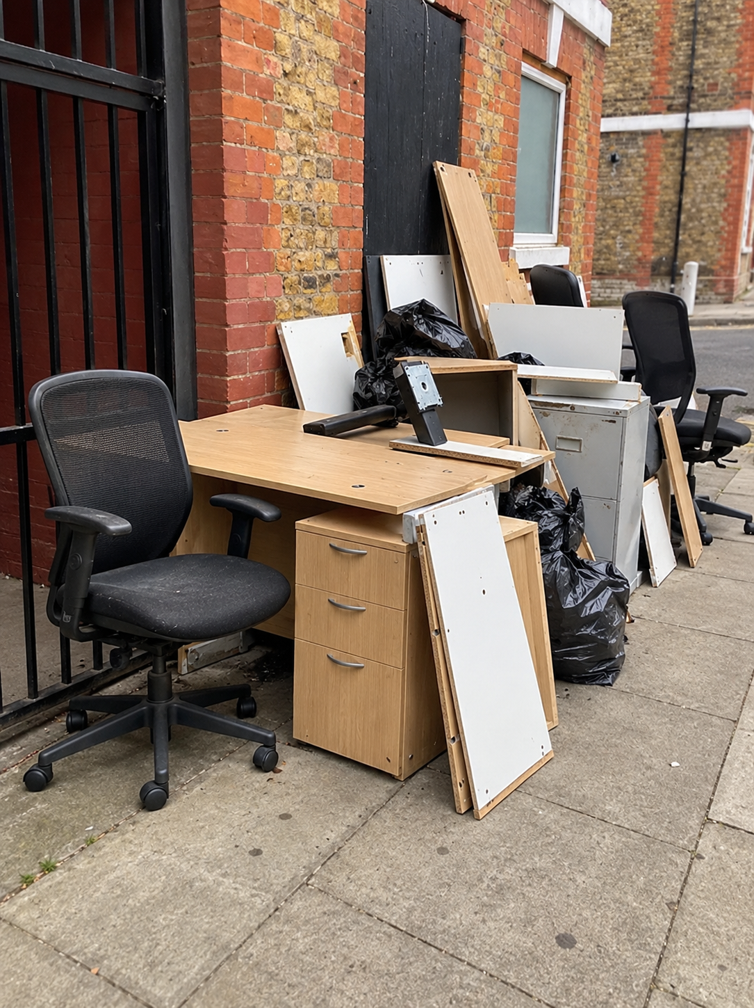 Office desk, drawers, chairs and black bags on a pavement ready for removal