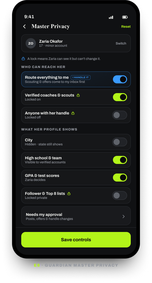 LeagueProof privacy controls for recruiter visibility