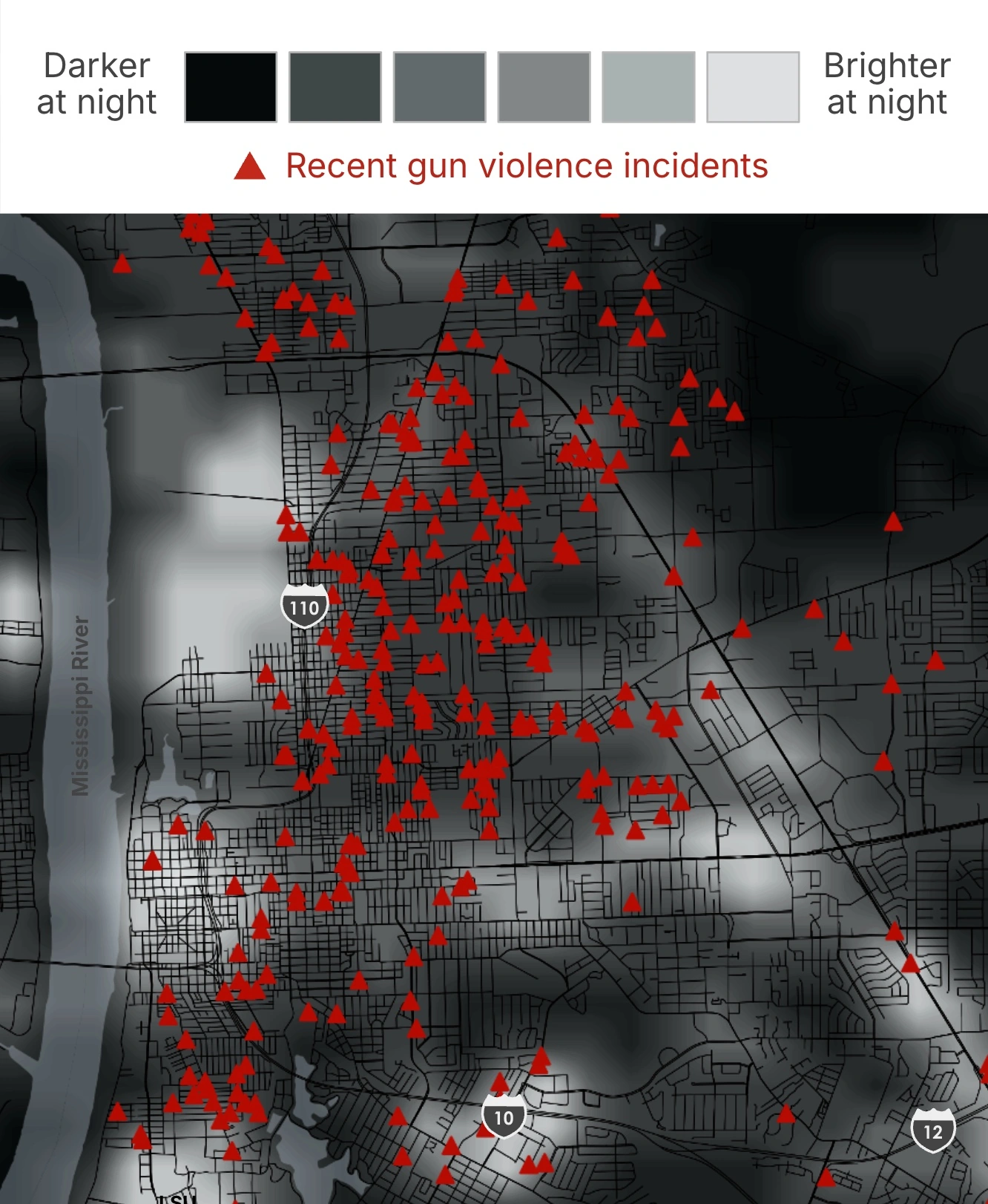 Satellite imagery showing shooting locations in Baton Rouge, Louisiana.