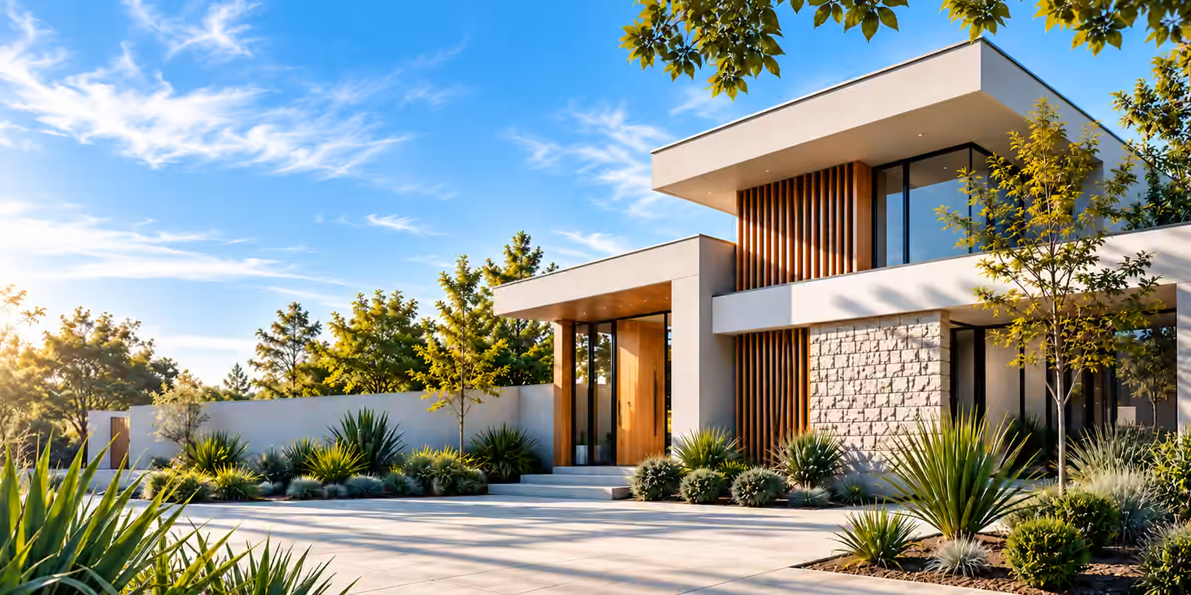 Contemporary two-storey home with timber cladding, a stone feature wall and a landscaped front garden