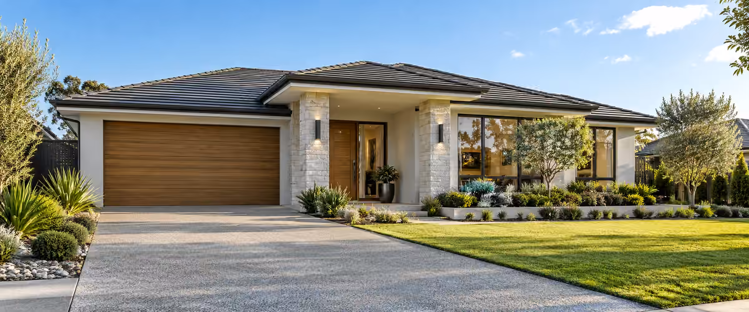 Single level home, newly built, with rendered walls and a landscaped front garden