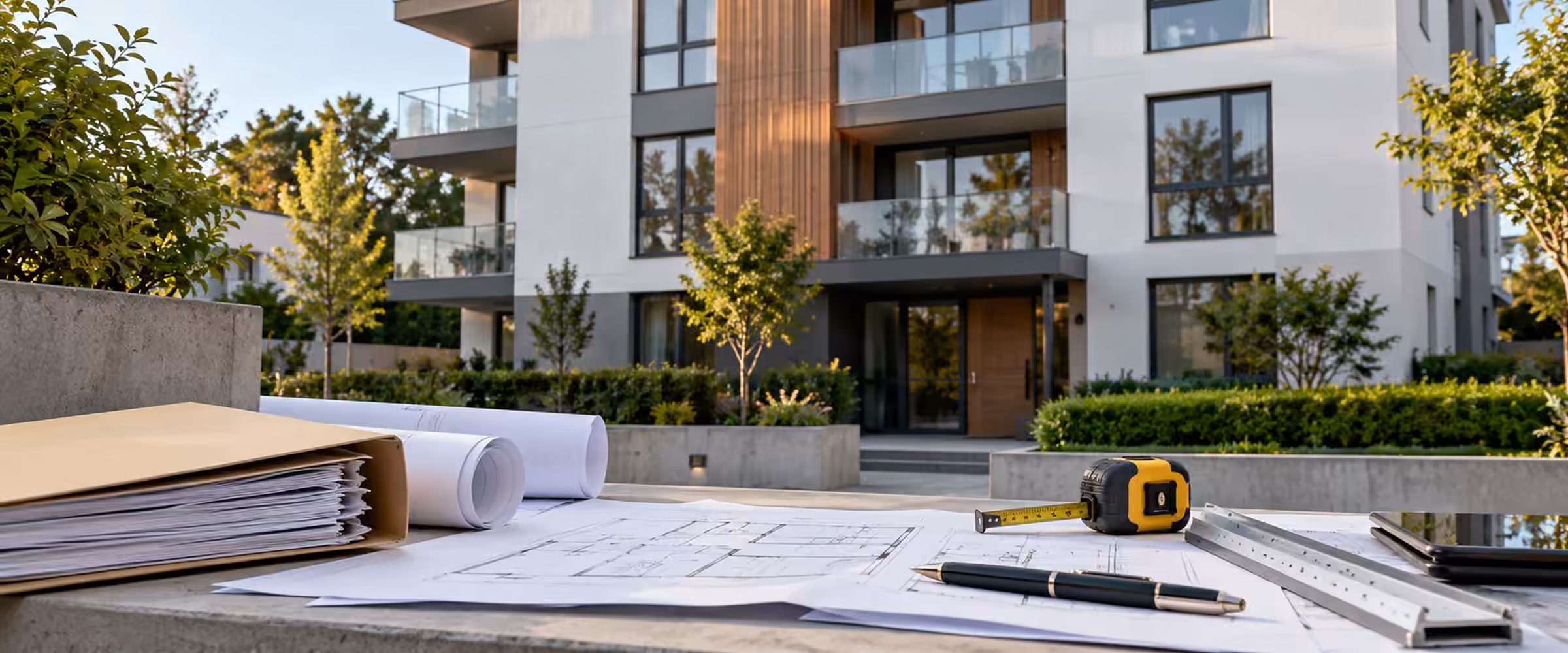 A tape measure, building plans and a document file with an established home behind them